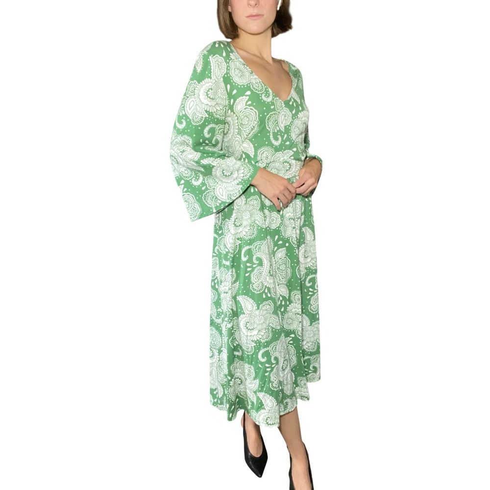 BODEN Quiet Luxury Green Paisley Trumpet Sleeve Tie Waist Midi Dress Soft Girl